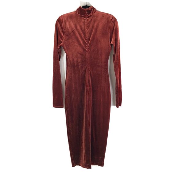 Michael Costello x Revolve Dress Midi Shoulderpads Velvet Long Sleeve Orange L - Picture 2 of 4